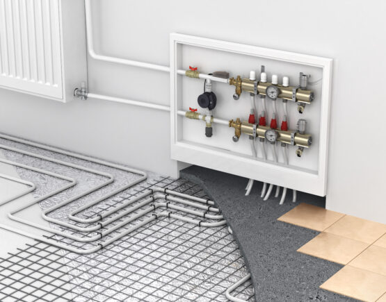 Underfloor,Heating,With,Collector,And,Radiator,In,The,Room.,Concept